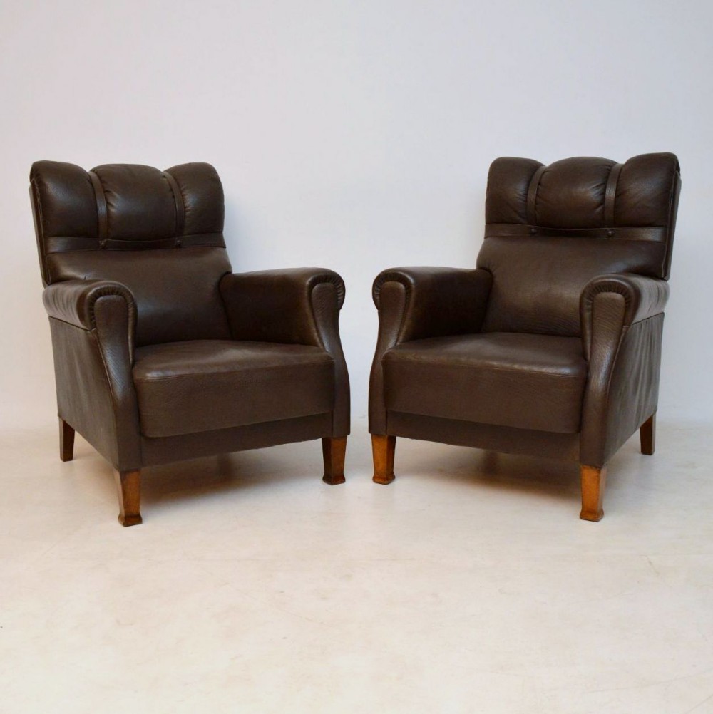 Pair of Antique Swedish Leather Armchairs