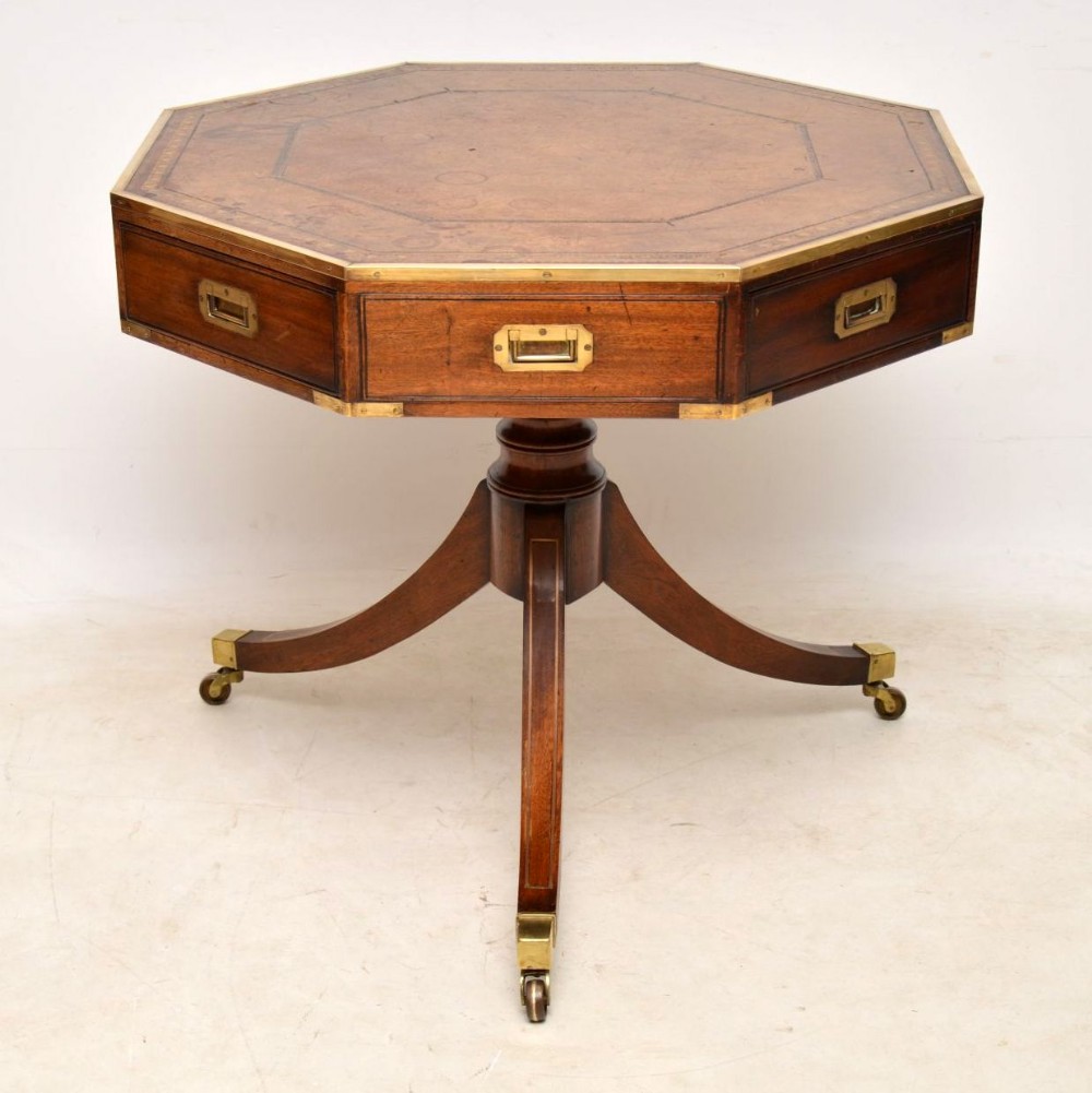 Antique Mahogany & Leather Campaign Drum Table 