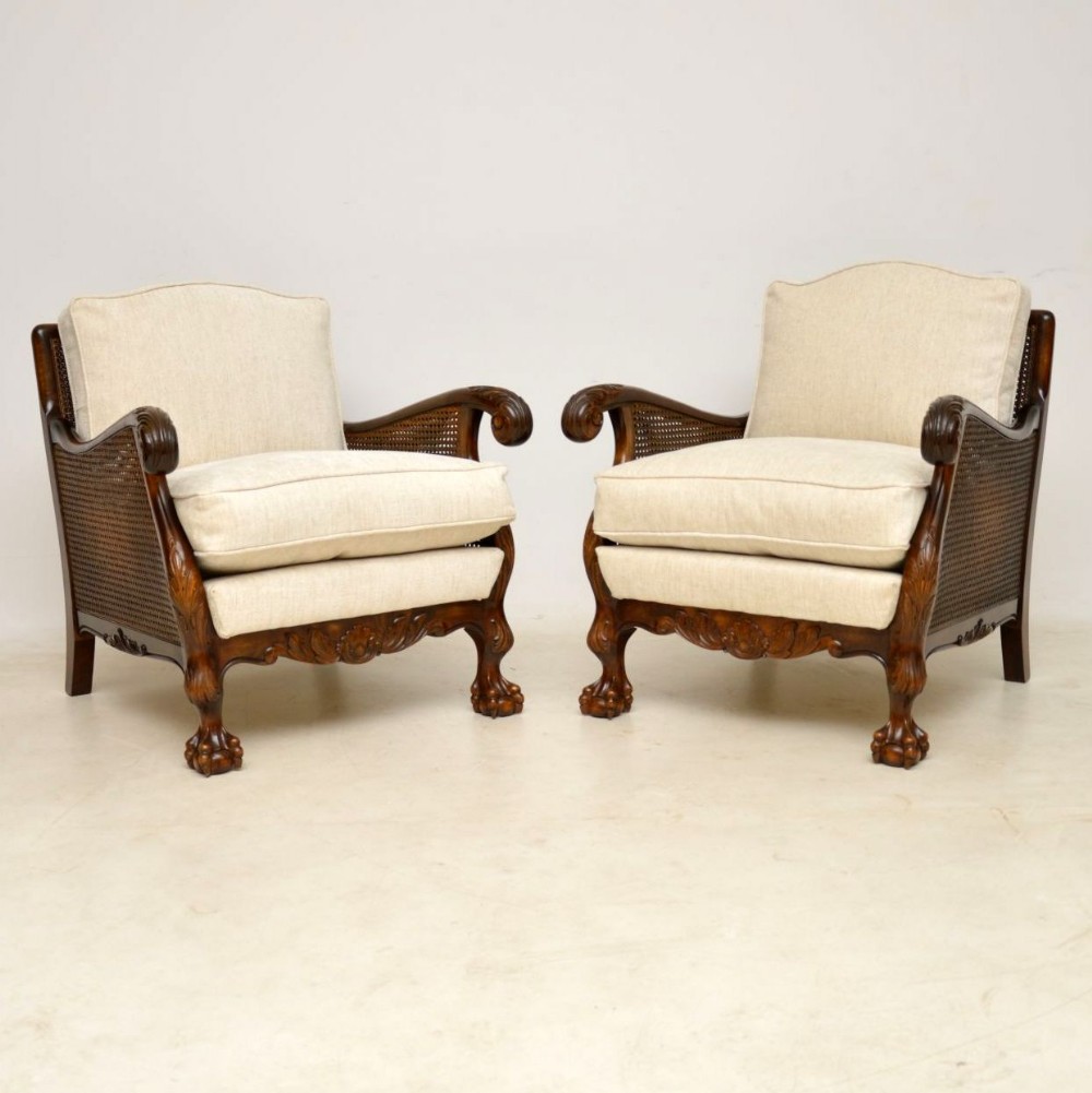 Pair of Antique Swedish Satin Birch Bergere Armchairs