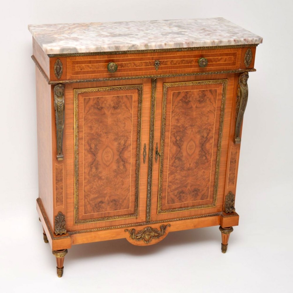 Antique French Burr Walnut Marble Top Cabinet 