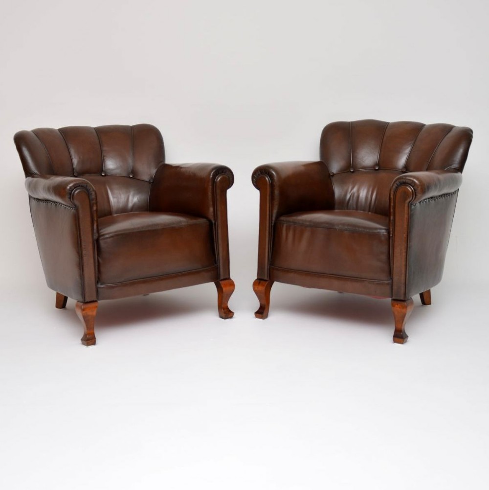  Pair of Antique Swedish Leather Armchairs 