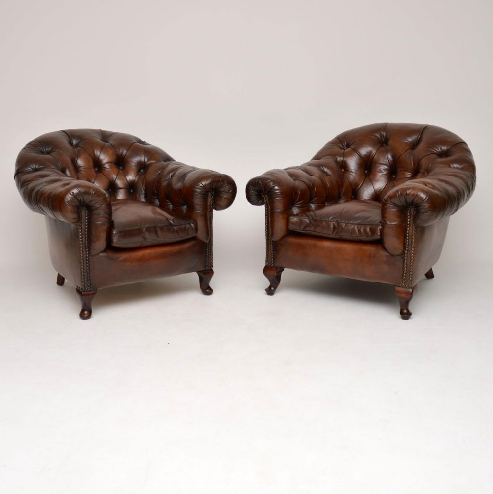  Large Pair of Antique Swedish Leather Armchairs