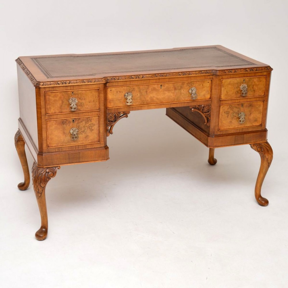 Antique Burr Walnut Leather Top Desk 