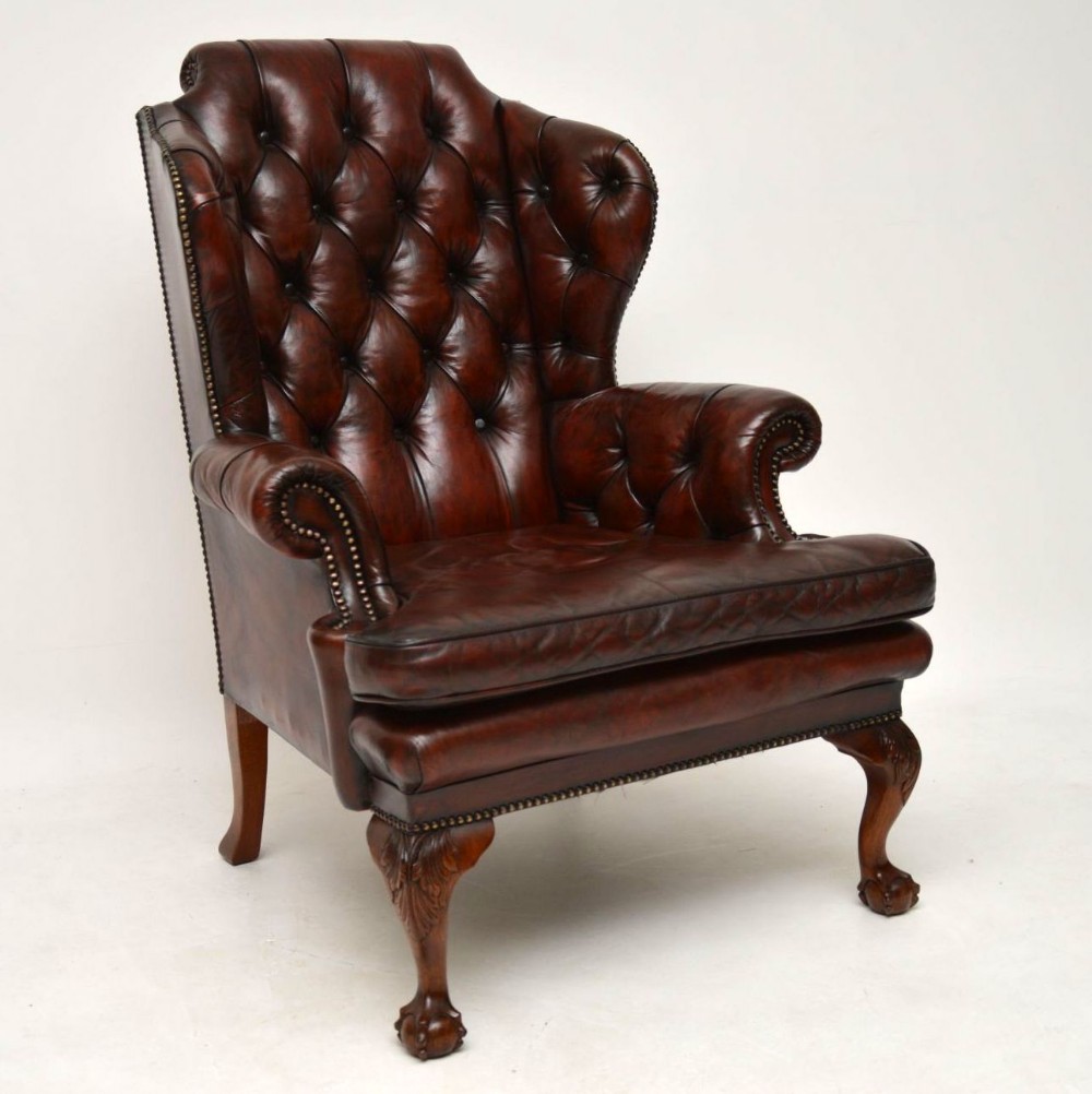 Antique Leather Wing Back Armchair 