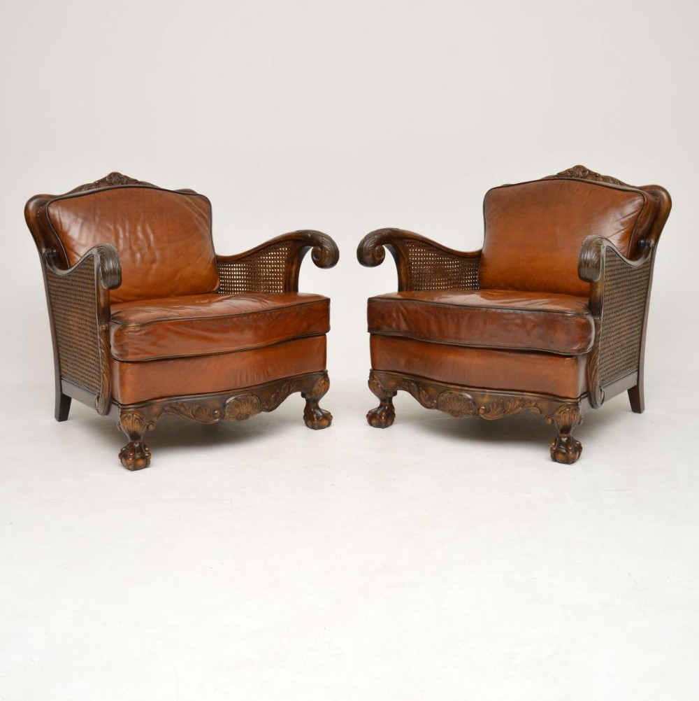 Pair of Antique Satin Birch & Leather Bergere Armchairs
