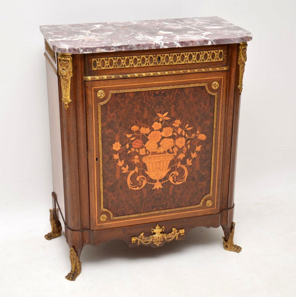  Antique French Inlaid Marquetry Marble Top Cabinet