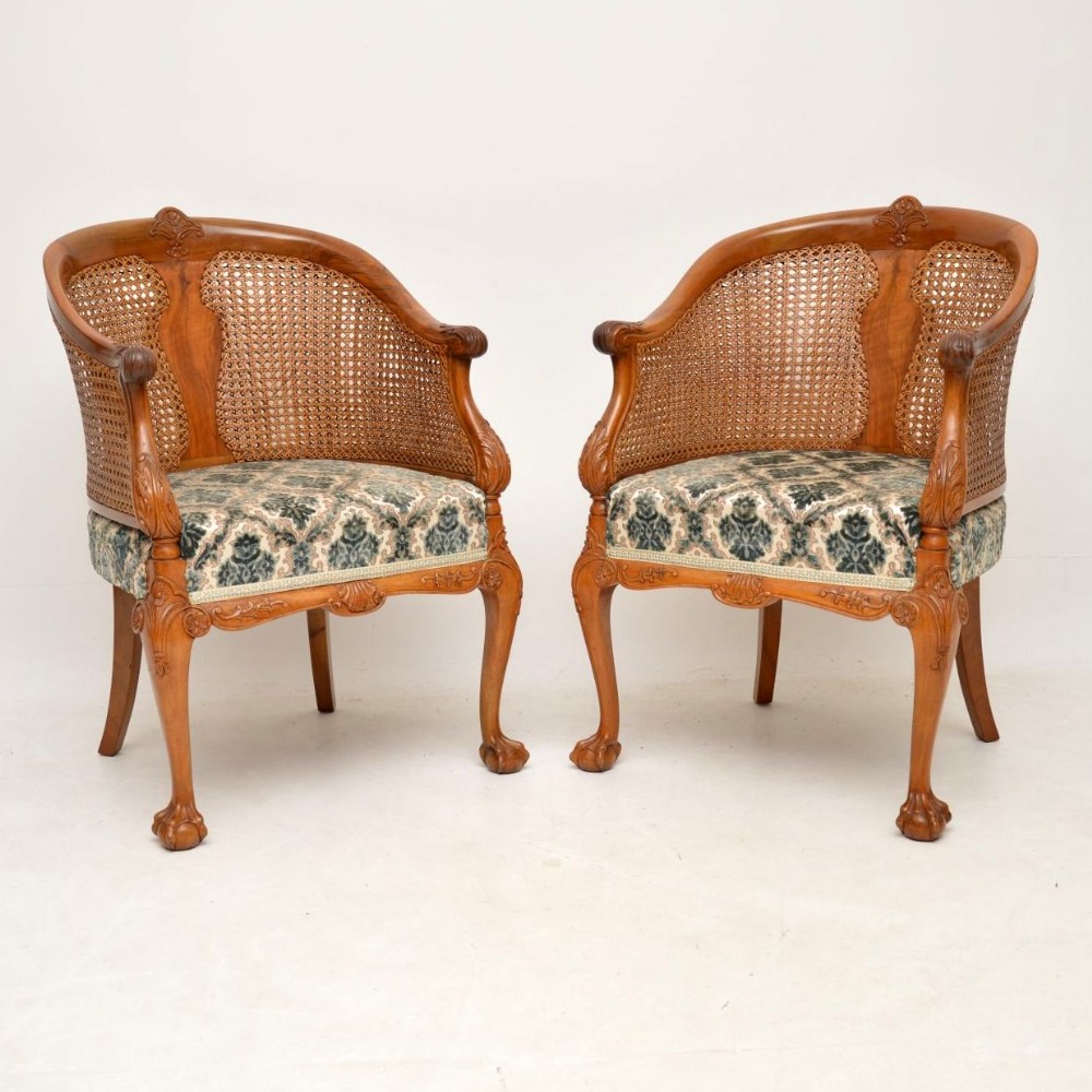 Pair of Antique Walnut Bergere Armchairs