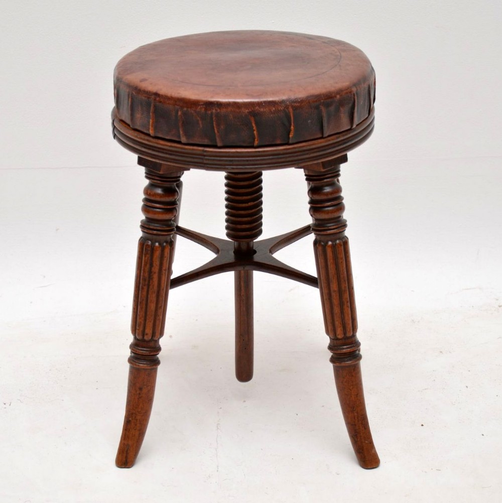 Antique Victorian Mahogany & Leather Adjustable Piano Stool 