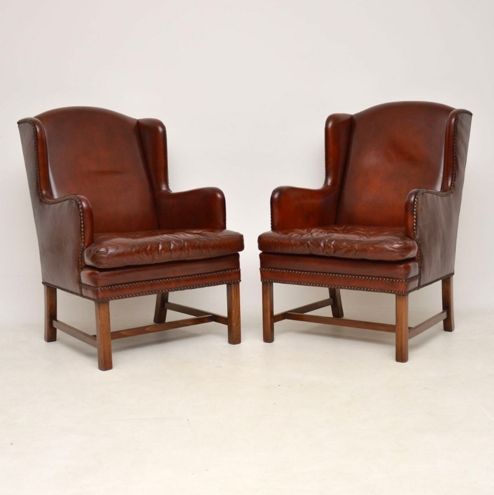 Pair of Antique Swedish Leather Wing Back Armchairs