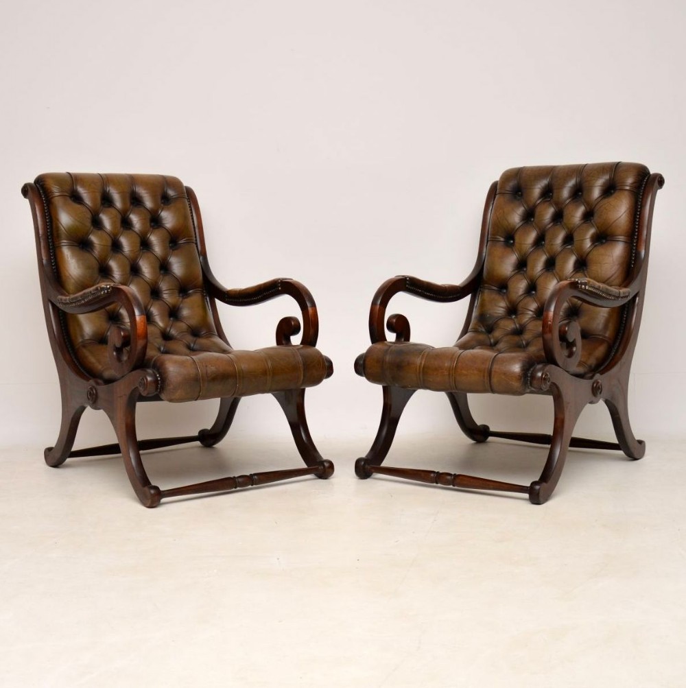 Pair of Antique Mahogany & Leather Armchairs 