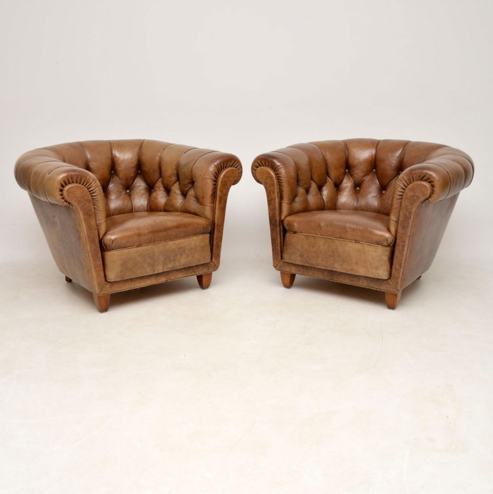 Pair of Antique Swedish Leather Chesterfield Armchairs