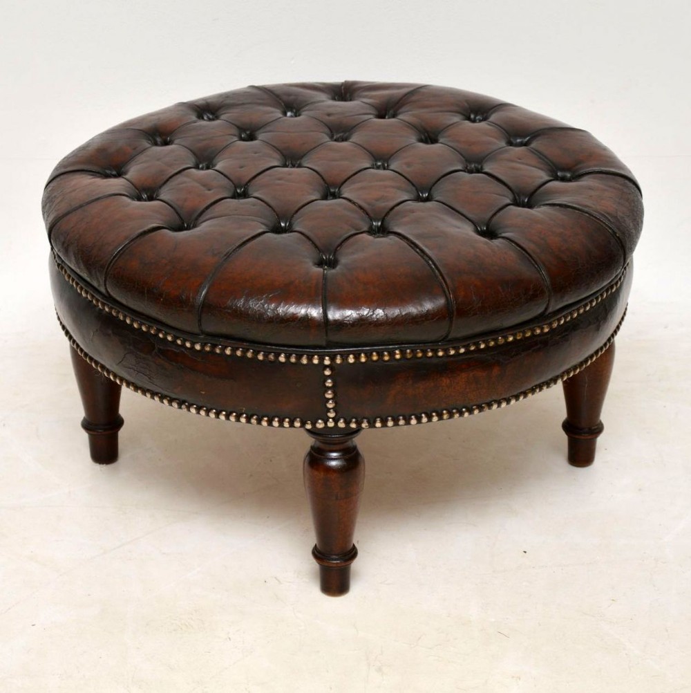 Antique Deep Buttoned Leather & Mahogany Stool