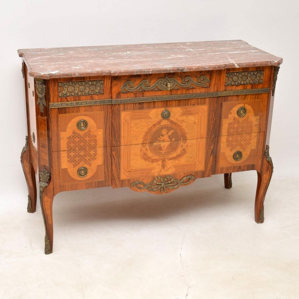 Antique Swedish Inlaid Marquetry Marble Top Commode