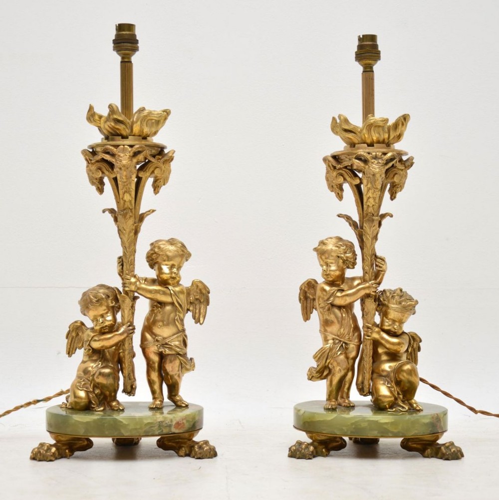 Pair of Antique Gilt Metal & Onyx Table Lamps