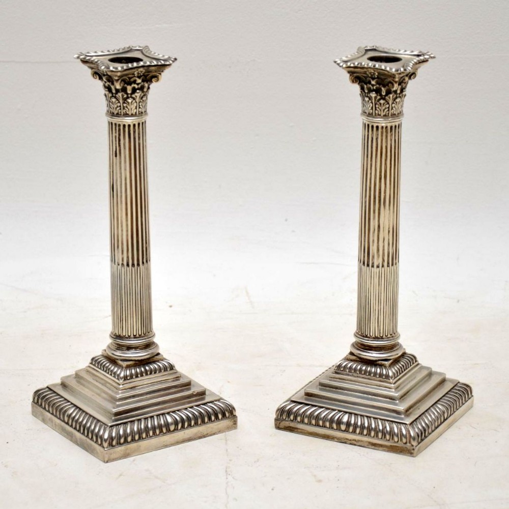 Pair of Antique Edwardian Solid Silver Corinthian Column Candlesticks
