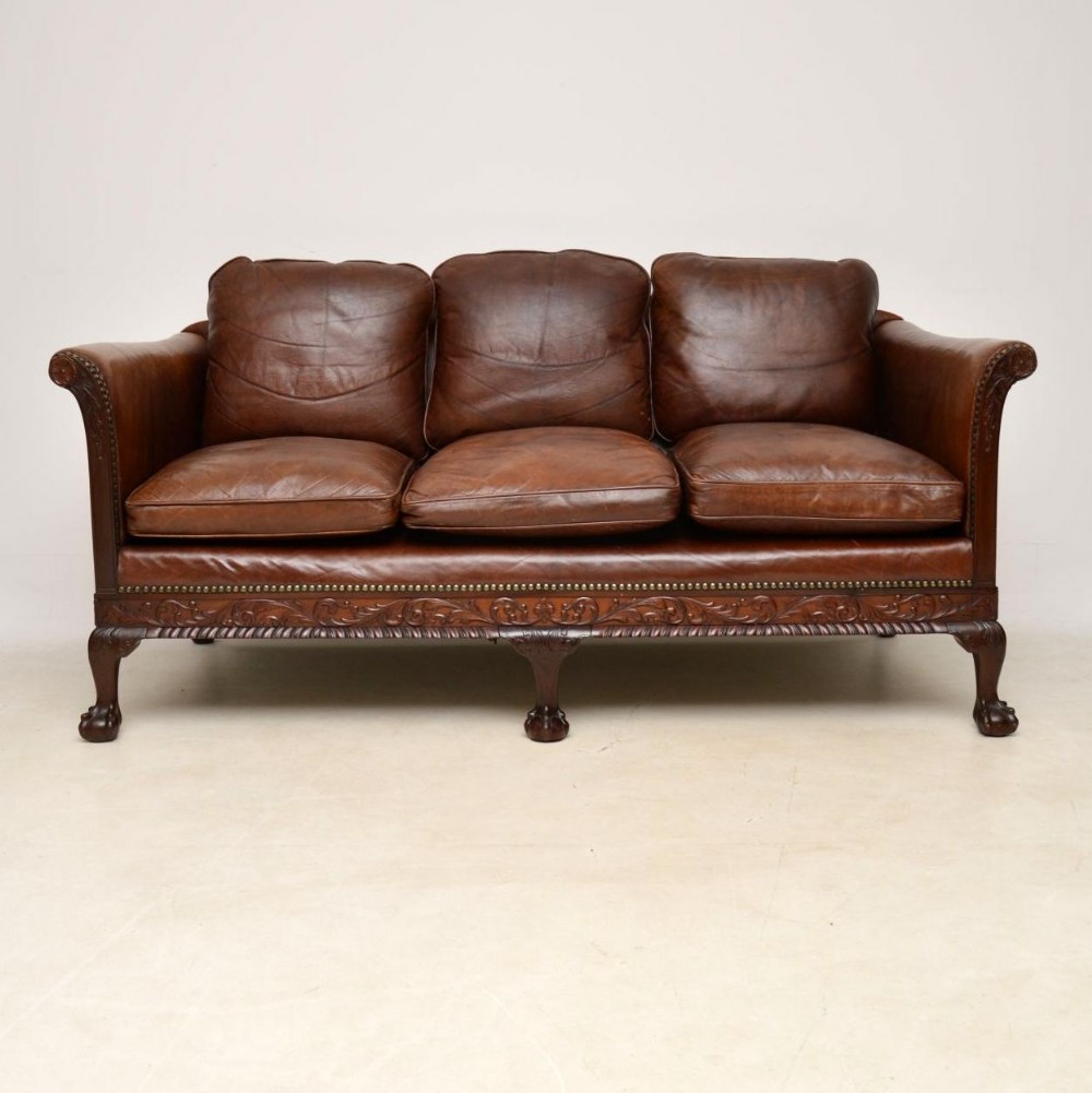 Antique Swedish Leather & Mahogany Sofa
