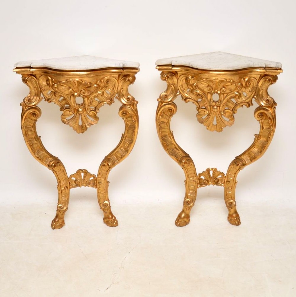 Pair of Antique French Gilt Wood & Marble Corner Tables