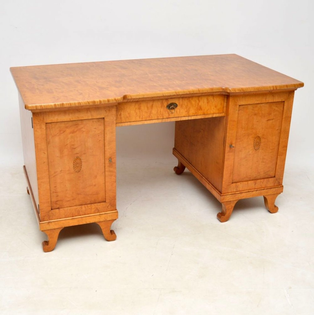 Large Antique Swedish Biedermeier Satin Birch Desk
