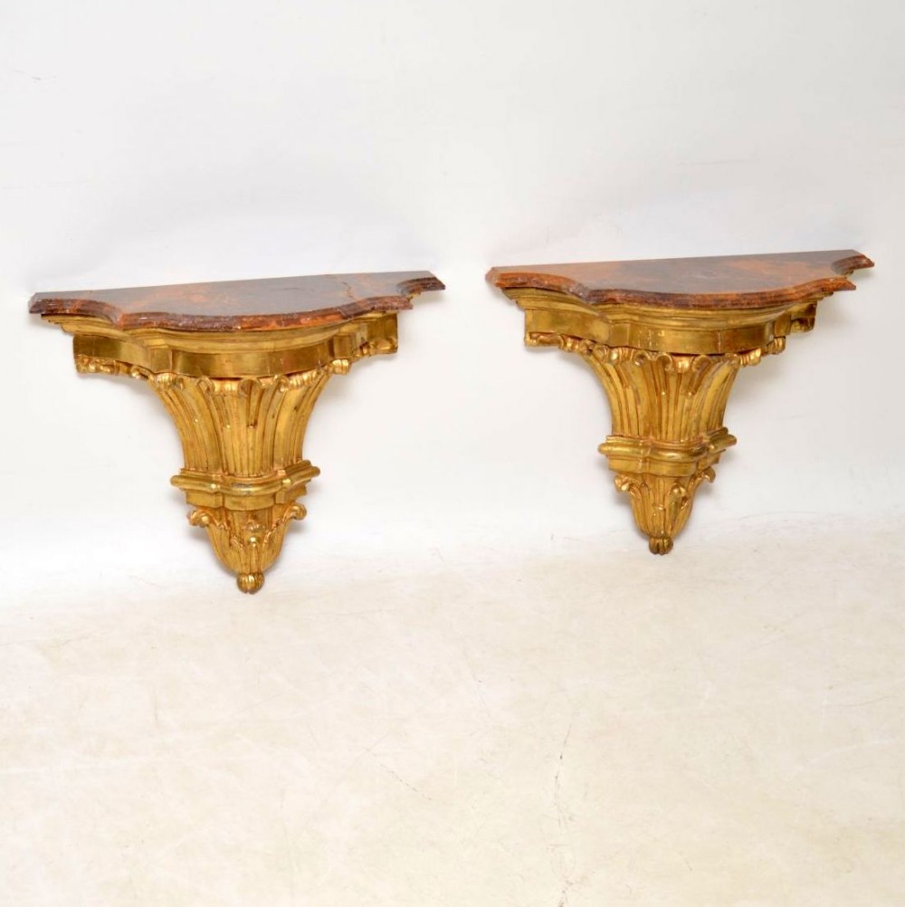Pair of Antique French Gilt Wood & Marble Wall Mounting Side Tables