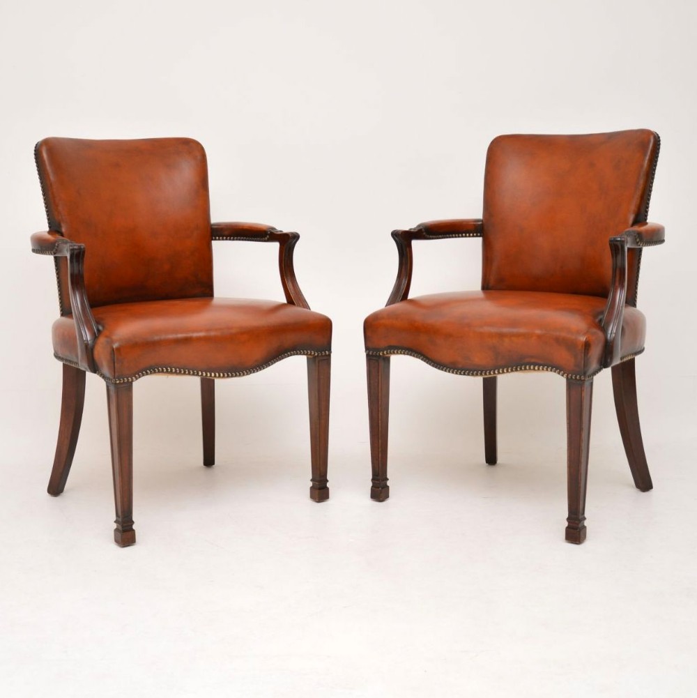 Pair of Antique Leather & Mahogany Open Armchairs