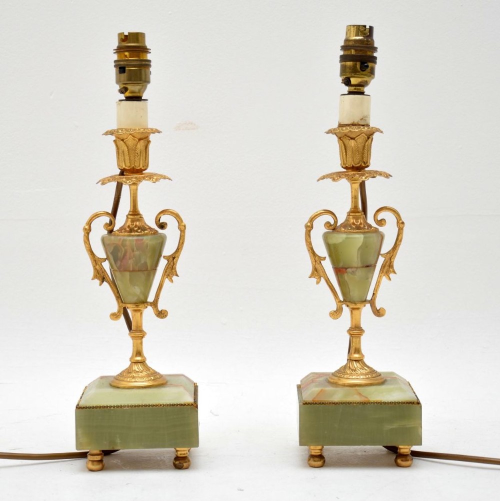 Pair of Antique French Gilt Metal & Onyx Lamps