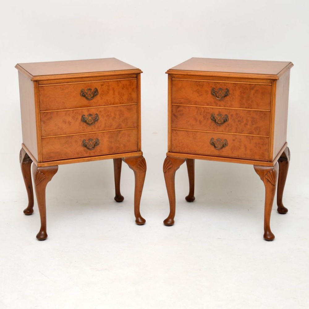 Pair of Antique Queen Anne Style Burr Walnut Bedside Chests