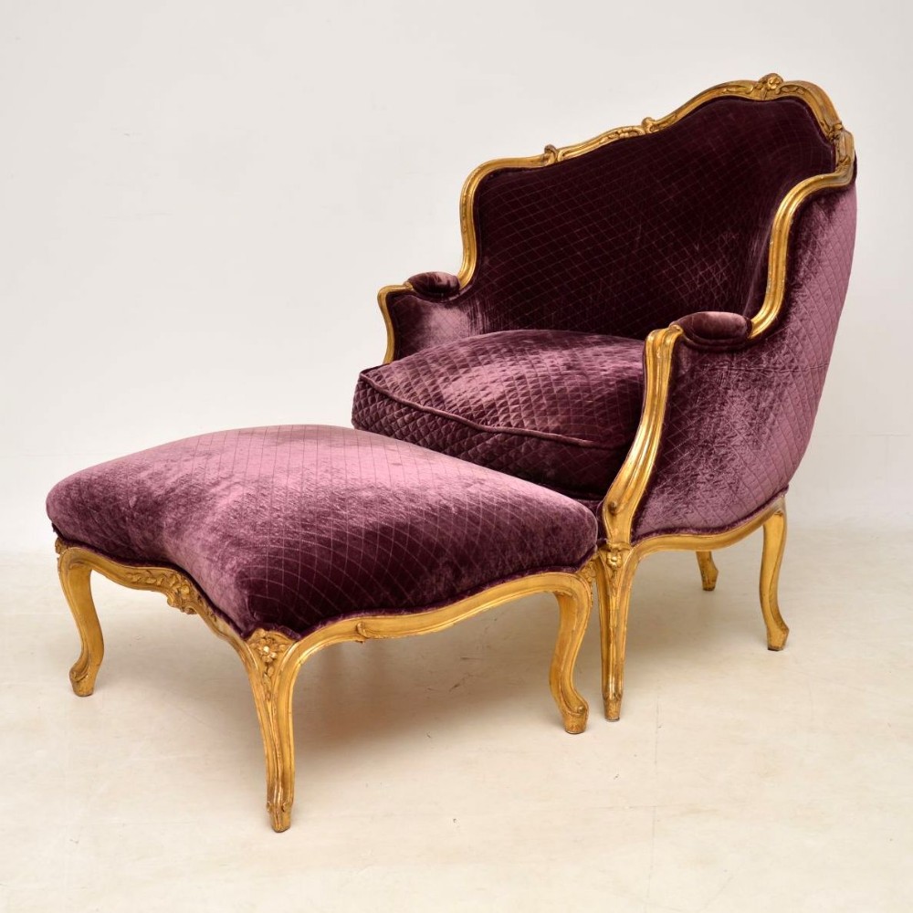 Antique French Carved Gilt Wood Armchair & Stool Set