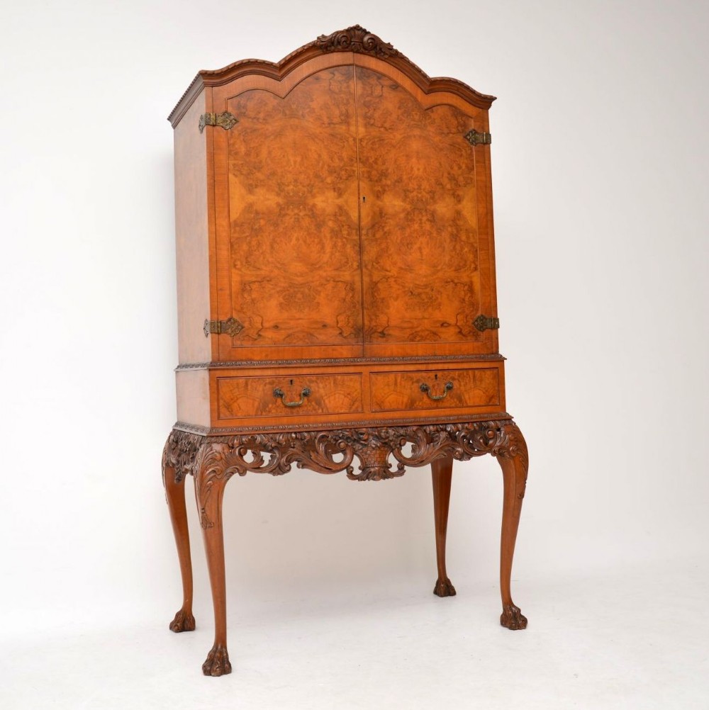 Antique Queen Anne Style Burr Walnut Cocktail Cabinet