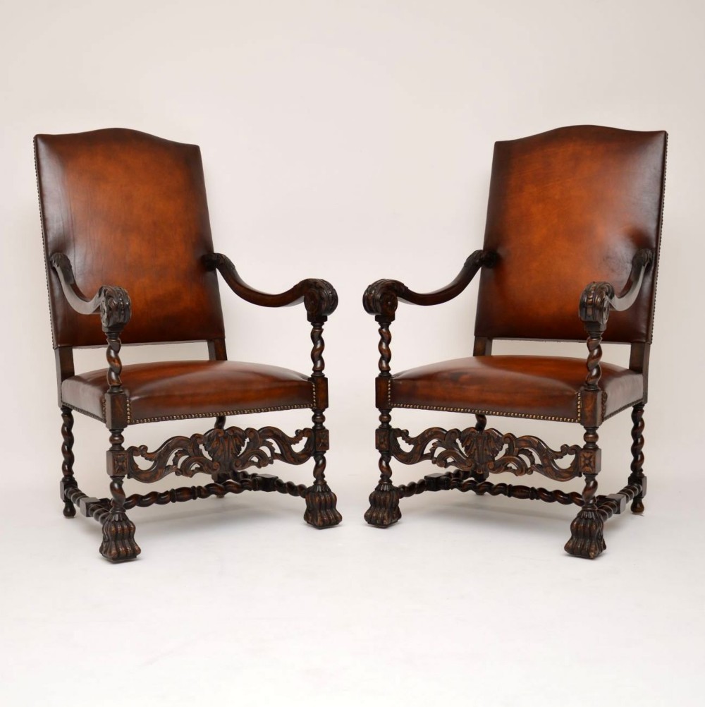Pair of Antique Leather Upholstered Carved Oak Carolean Armchairs