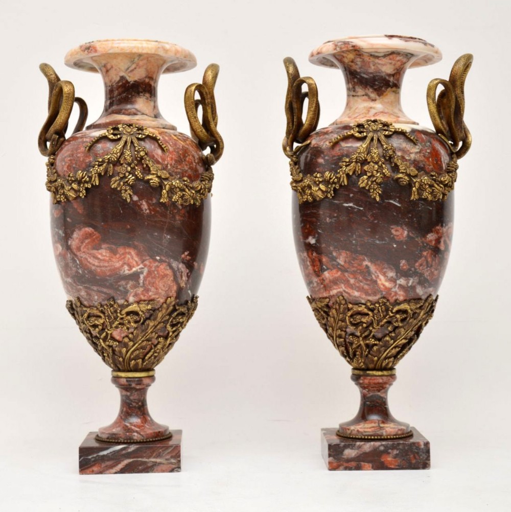 Pair of Antique Solid Marble & Gilt Bronze Urns