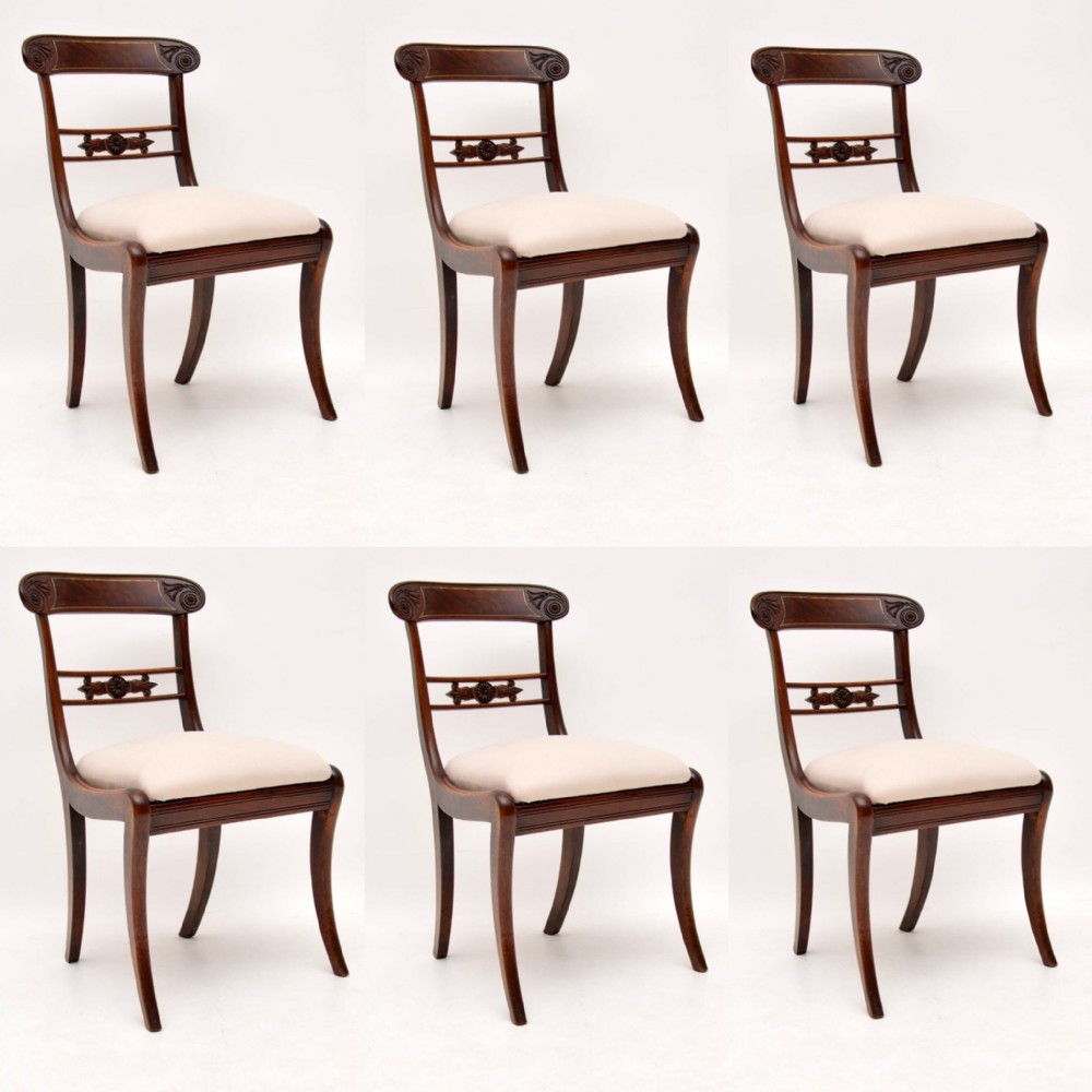 Set of 6 Antique Brass Inlaid Mahogany Regency Dining Chairs
