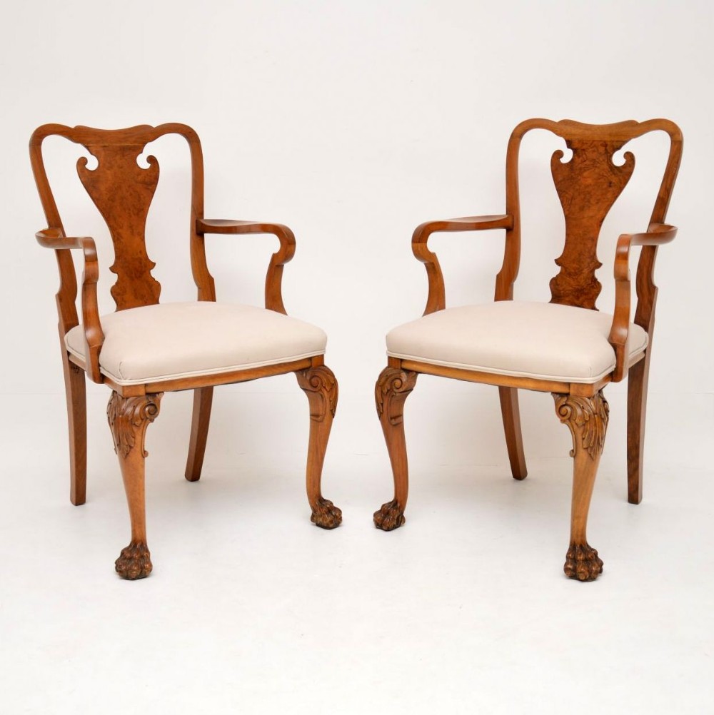 Pair of Antique Walnut Queen Anne Style Carver Armchairs