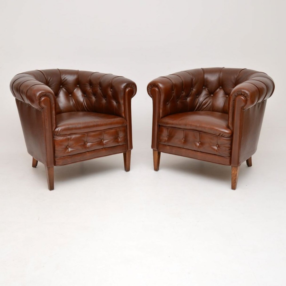 Pair of Antique Swedish Leather Armchairs