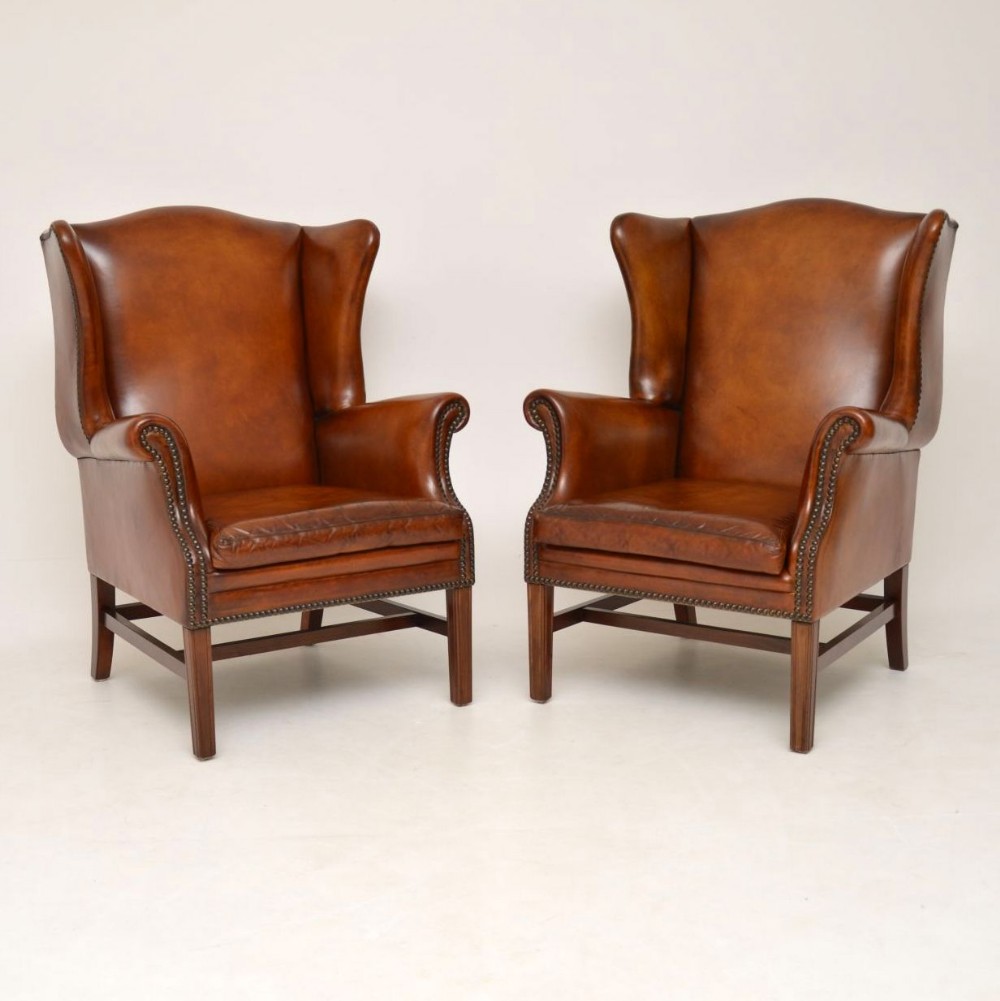 Pair of Antique Swedish Leather Wing Back Armchairs