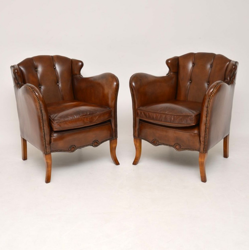 Pair of Stylish Antique Swedish Leather Armchairs