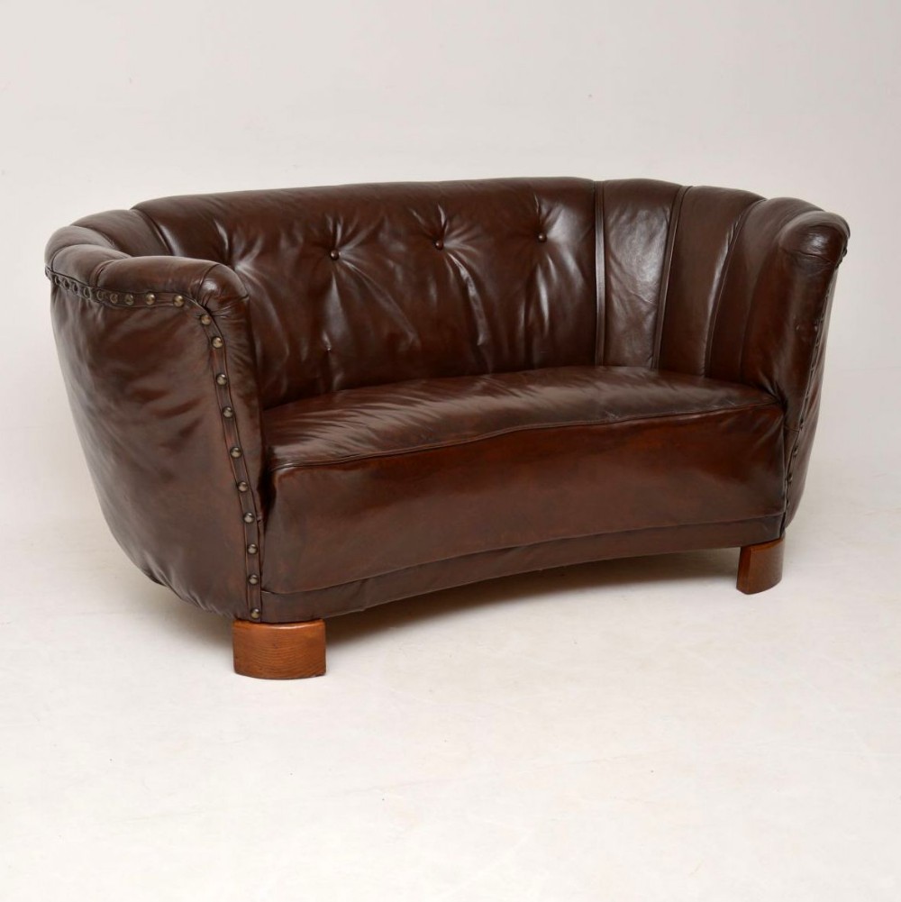 Antique Swedish Leather Banana Sofa