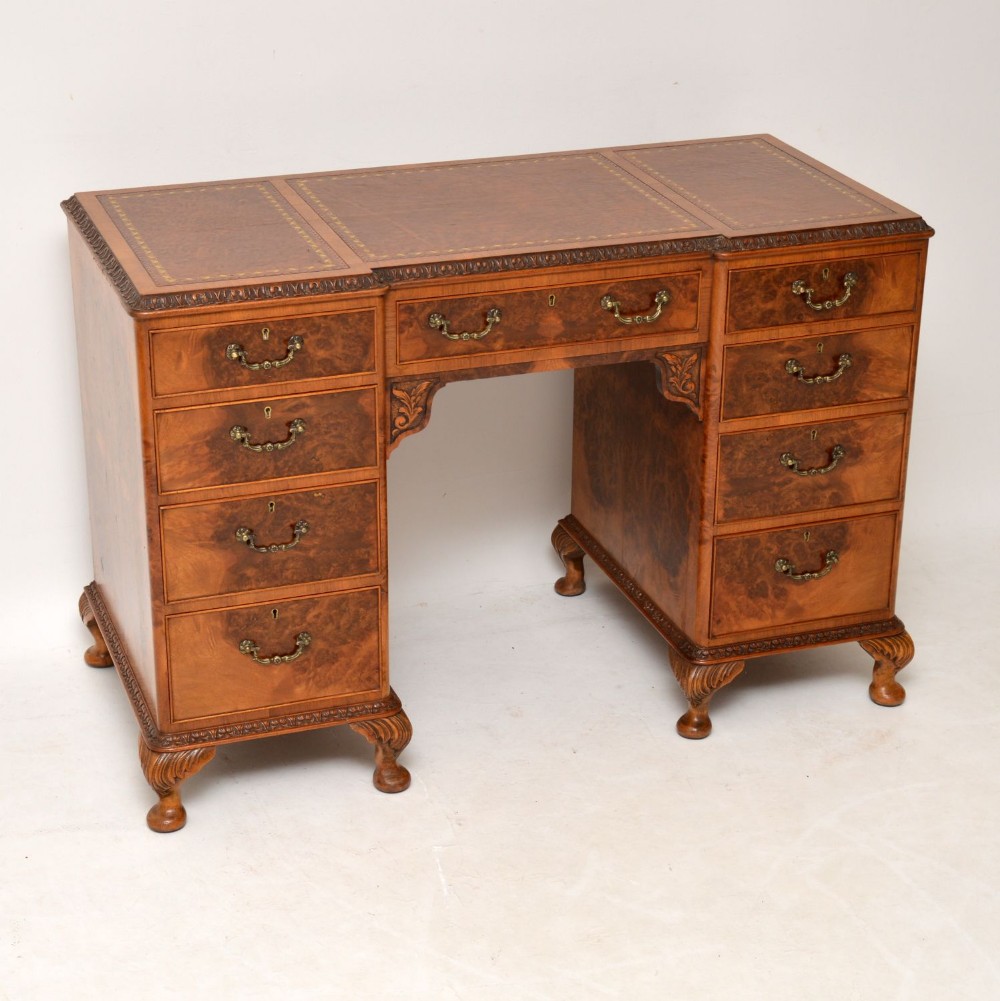 Antique Burr Walnut Leather Top Desk