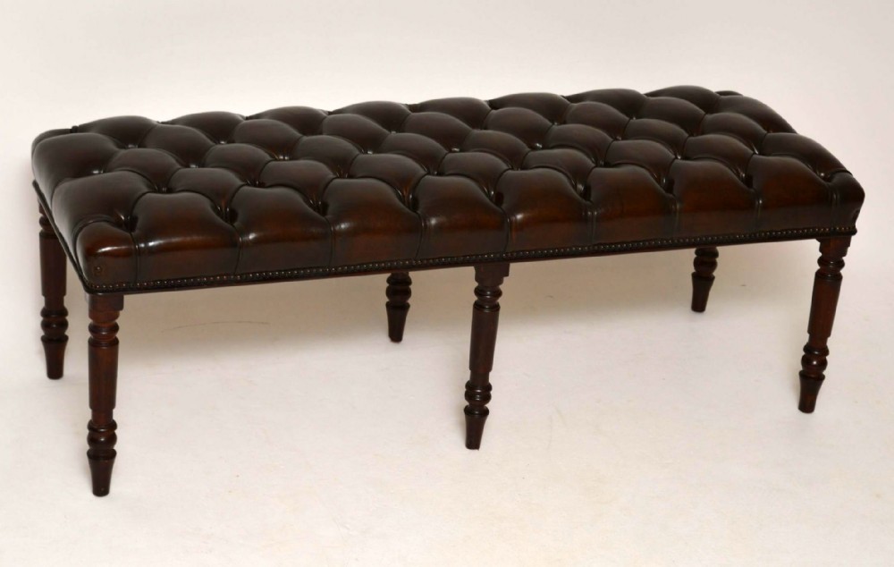 Antique Deep Buttoned Leather Stool on Mahogany Legs