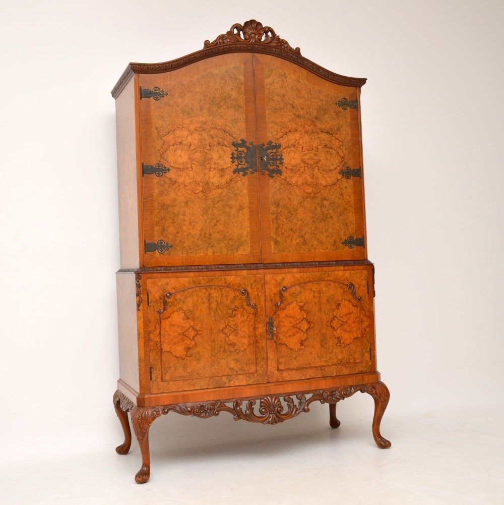 Antique Queen Anne Style Burr Walnut Cocktail Drinks Cabinet