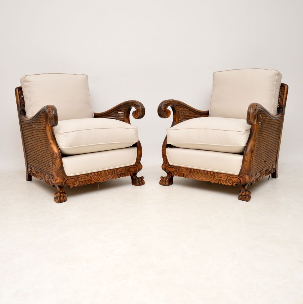 Pair of Antique Swedish Satin Birch Bergere Armchairs