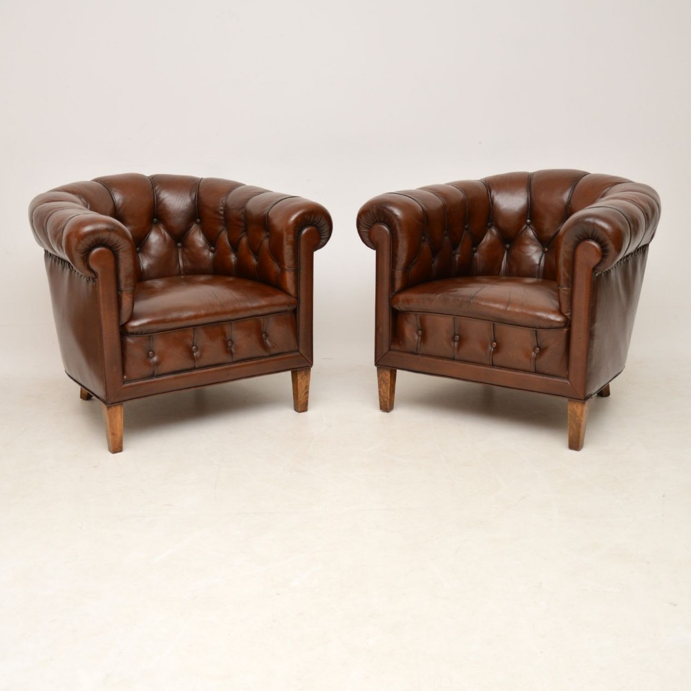 Pair of Antique Swedish Leather Armchairs