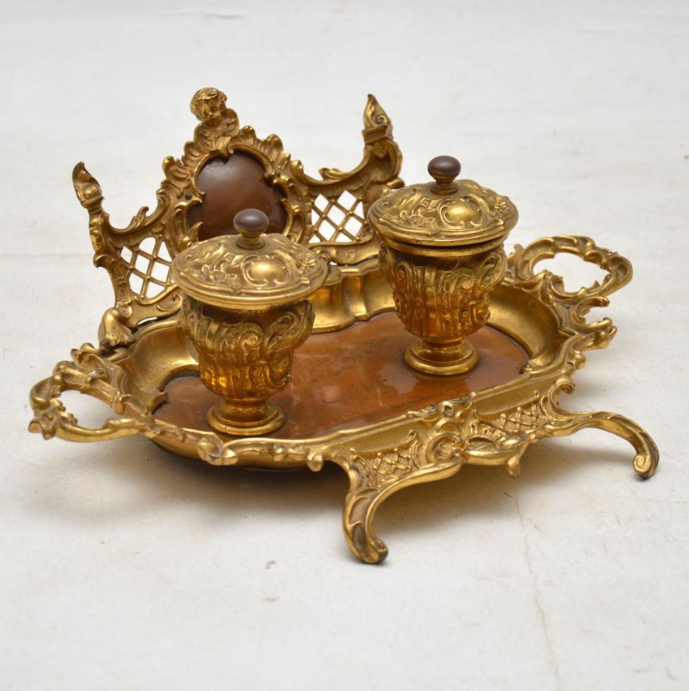 Antique French Gilt Bronze and Walnut Inkwell
