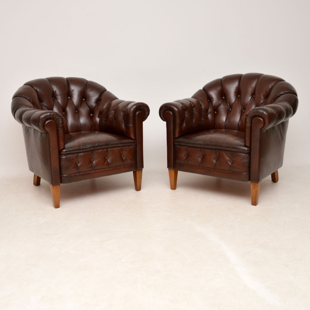 Pair of Antique Swedish Leather Armchairs