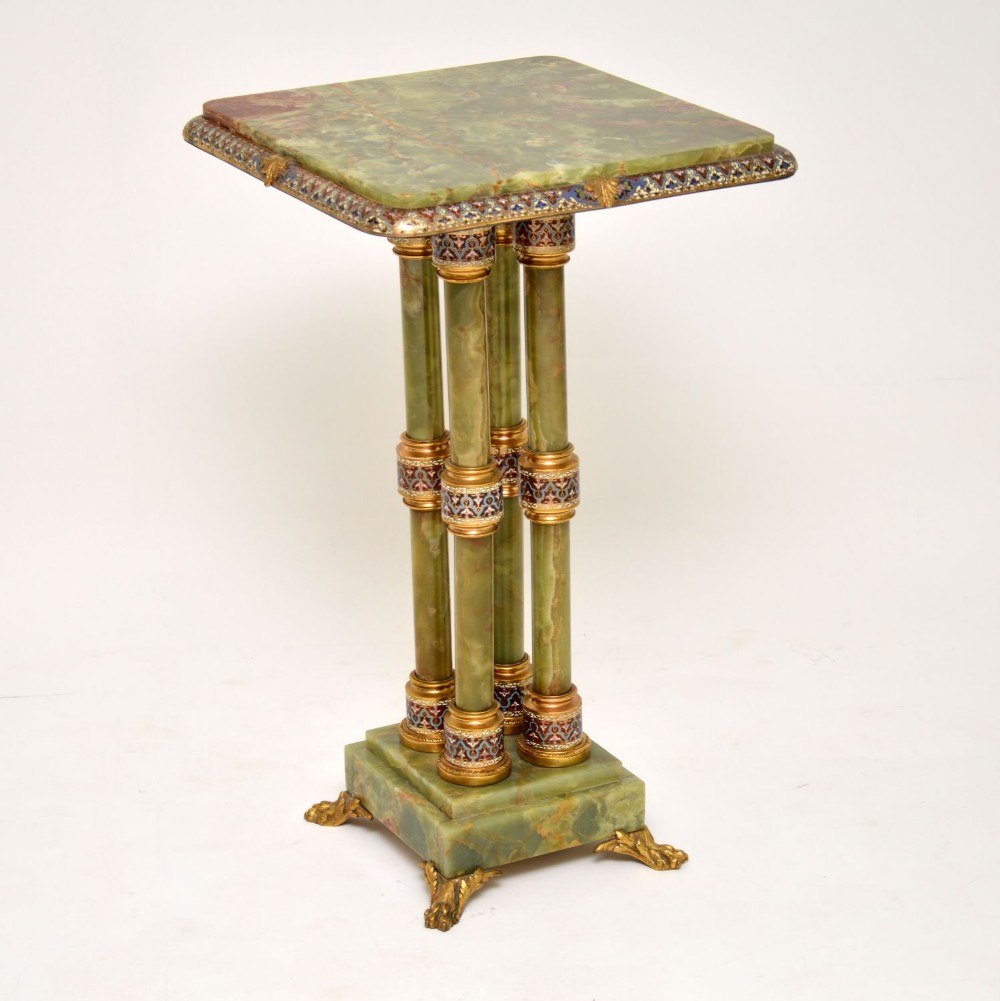 Antique Champlevé & Cloisonné Enamel Mounted Git Bronze Onyx Table Stand