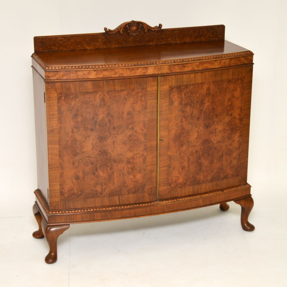 Antique Queen Anne Style Burr Walnut Cabinet Sideboard