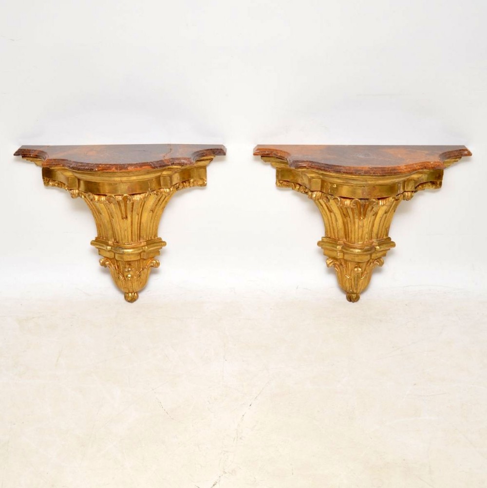 Pair of Antique French Gilt Wood & Marble Wall Mounting Side Tables