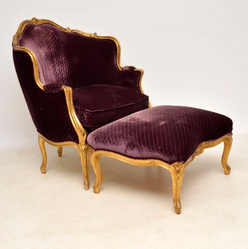 Antique French Carved Gilt Wood Armchair & Stool Set