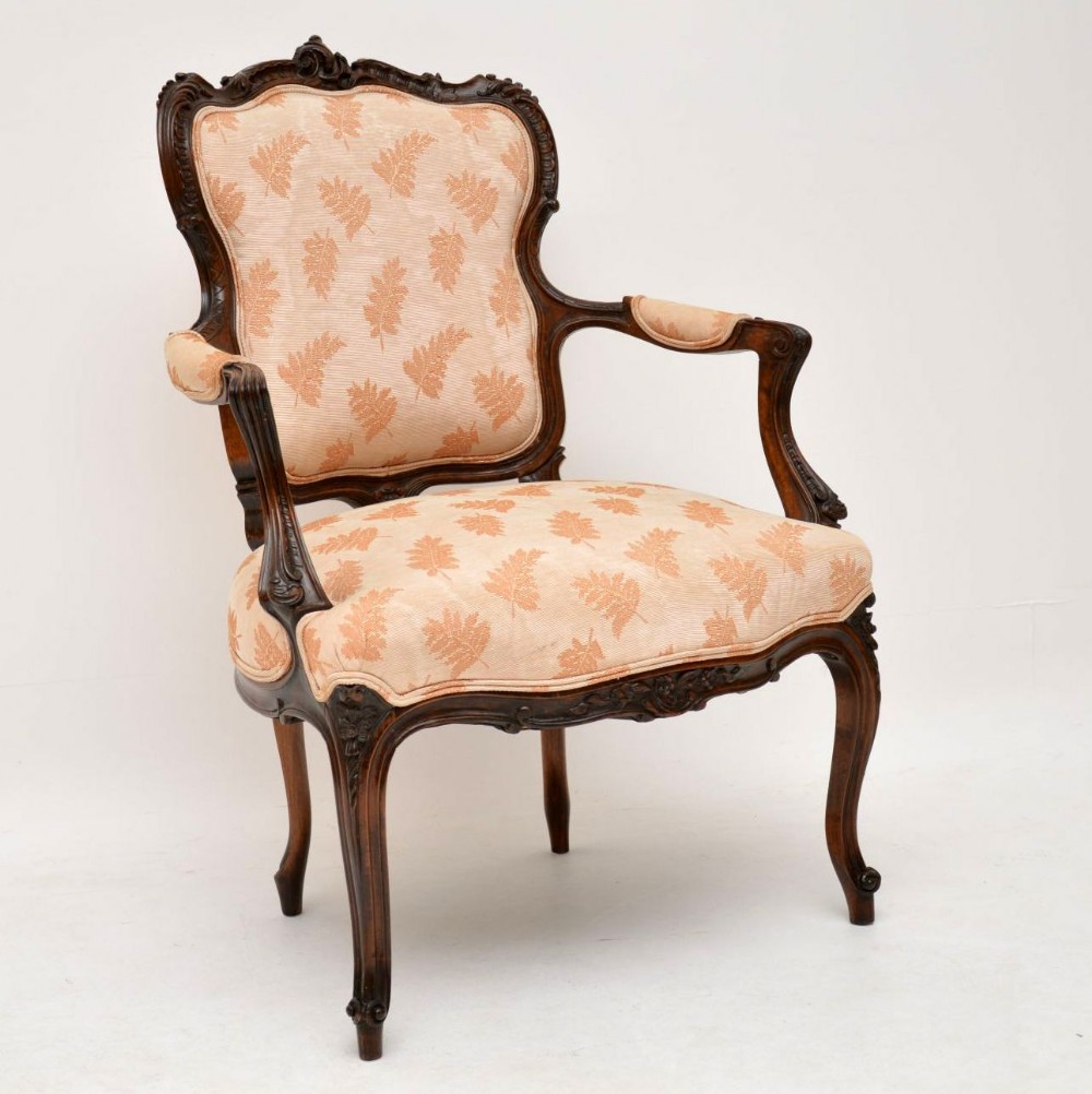 Antique French Carved Walnut Salon Armchair