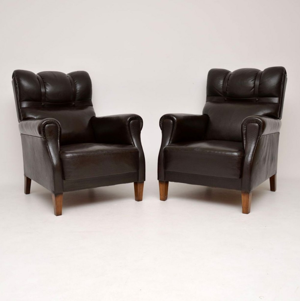 Pair of Antique Swedish Leather Armchairs