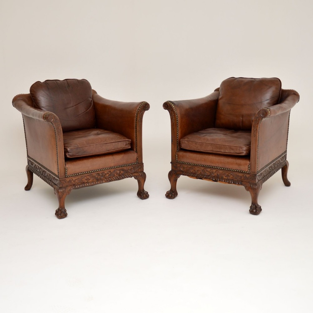 Pair of Antique Swedish Leather & Mahogany Armchairs